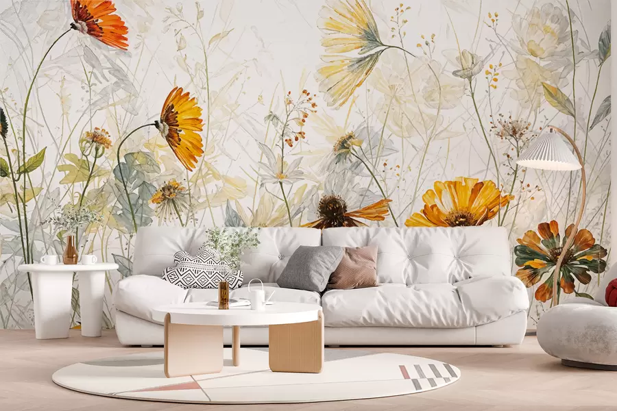 wall murals Поље живописног цвећа на мекој, магловитој позадини са деликатним белим цвећем и танком травом w00708