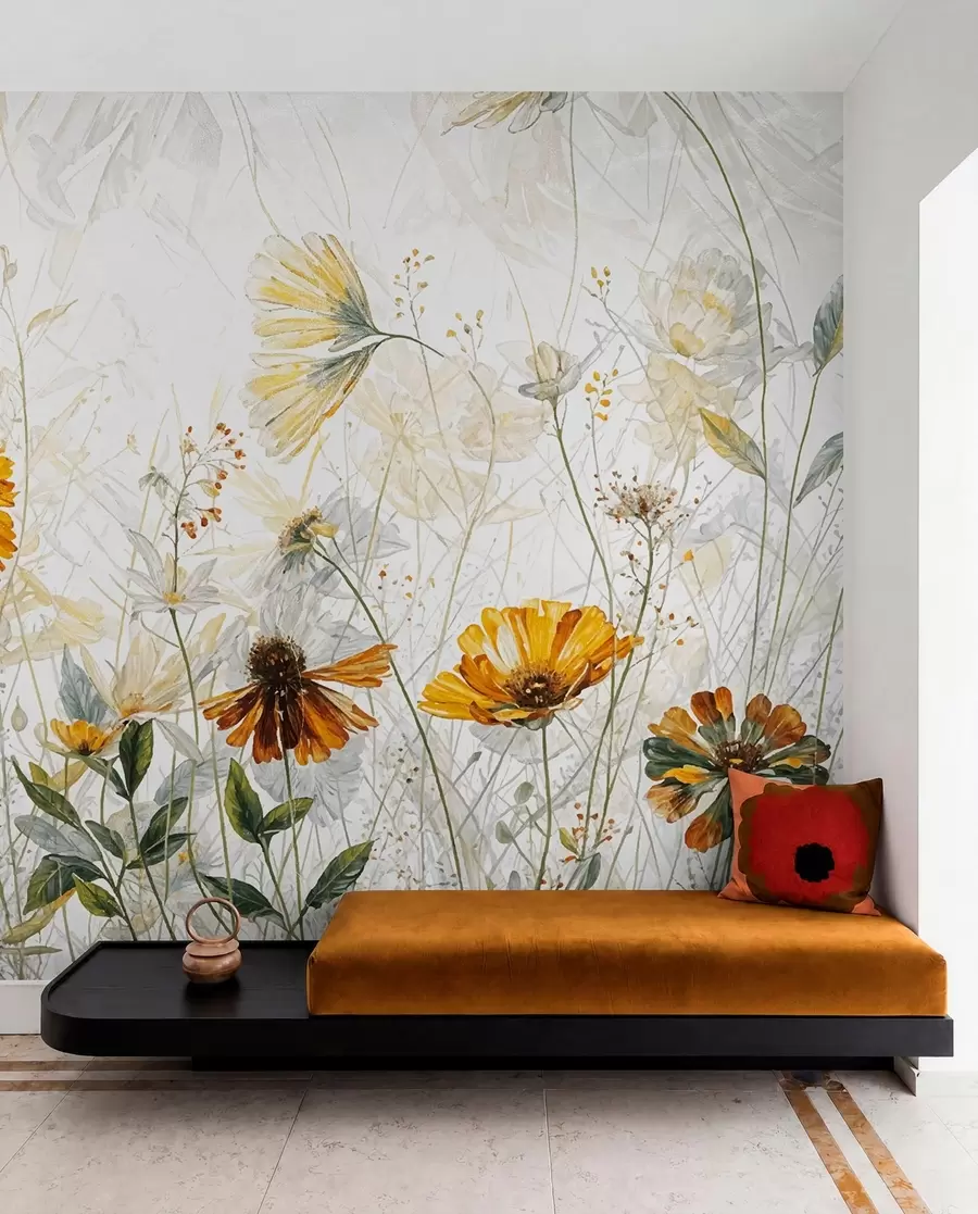 wall murals Поље живописног цвећа на мекој, магловитој позадини са деликатним белим цвећем и танком травом w00708
