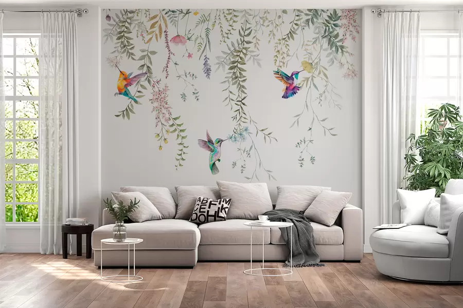 wall murals Висеће цвеће и лишће и прелепи колибри w00660