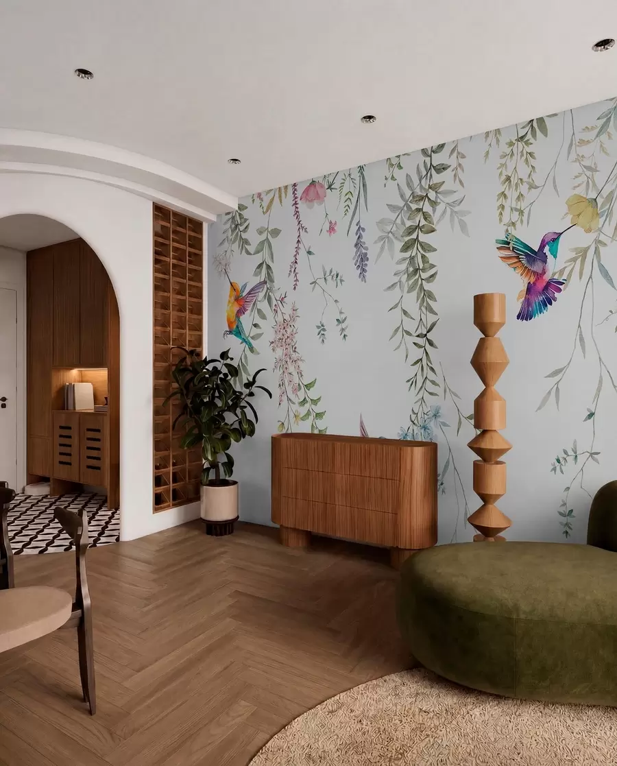 wall murals Висеће цвеће и лишће и прелепи колибри w00660