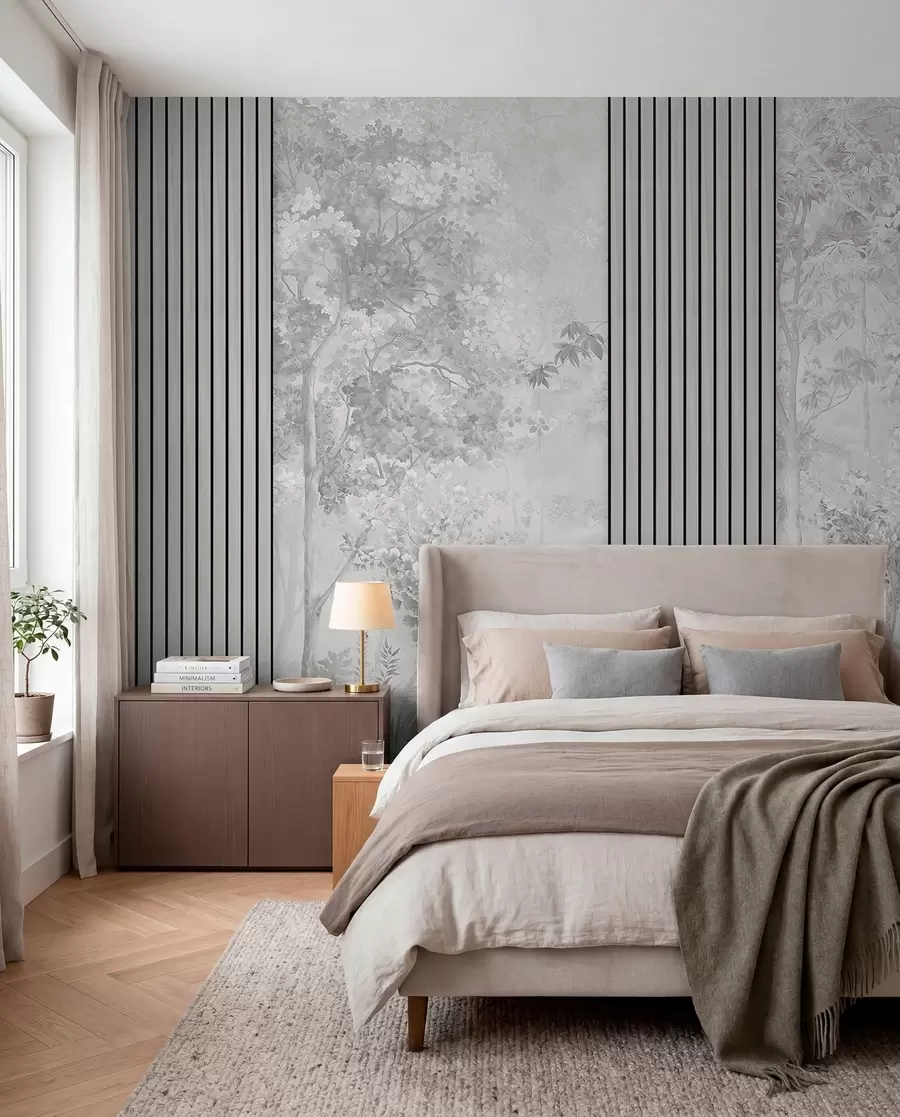 wall murals Дрвени панели и деликатна шума у сивим тоновима w00670v3