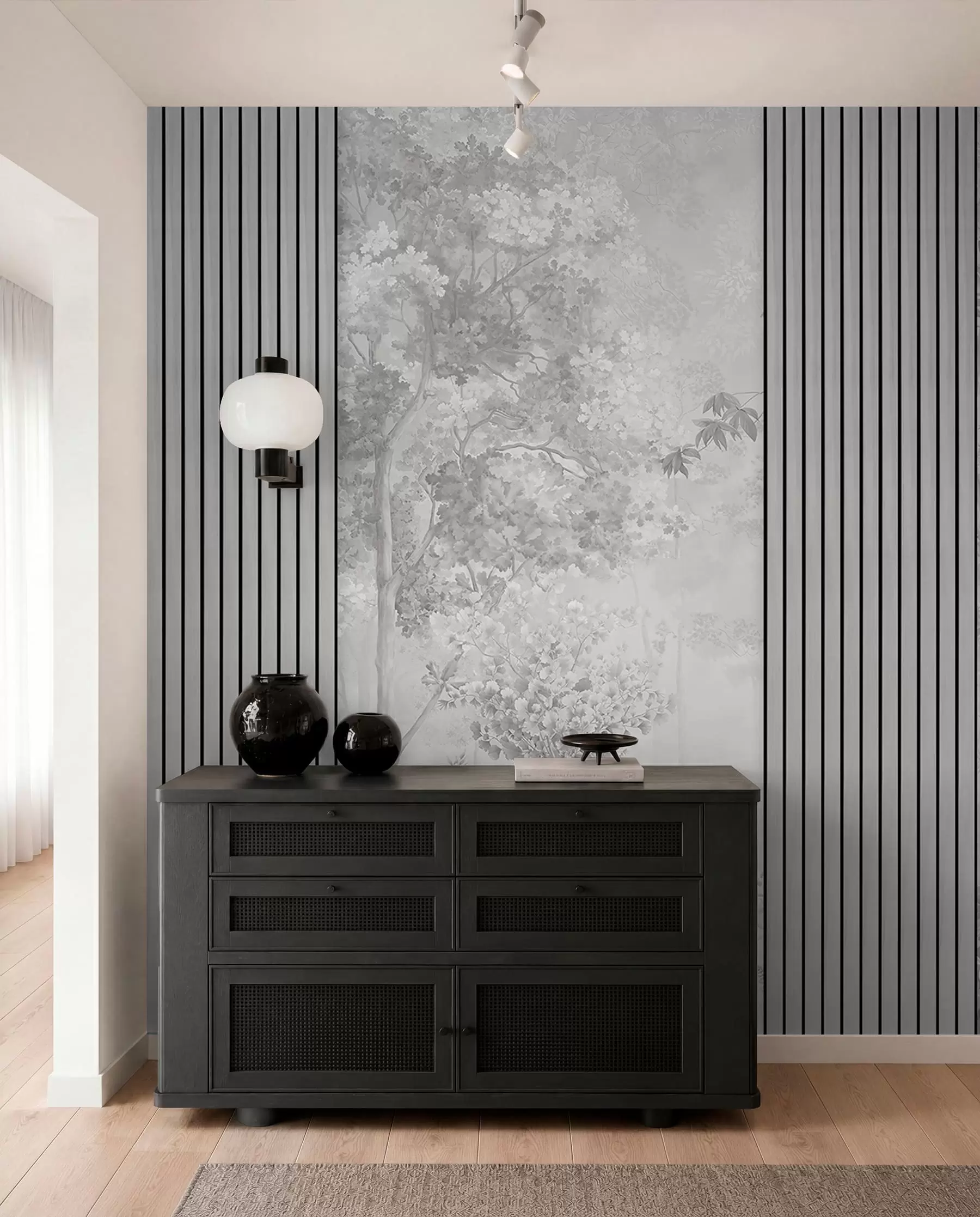 wall murals Дрвени панели и деликатна шума у сивим тоновима w00670v3