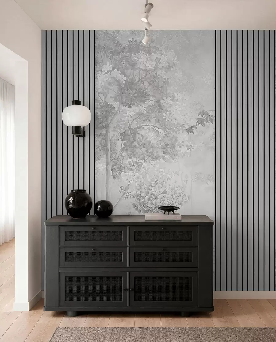 wall murals Дрвени панели и деликатна шума у сивим тоновима w00670v3