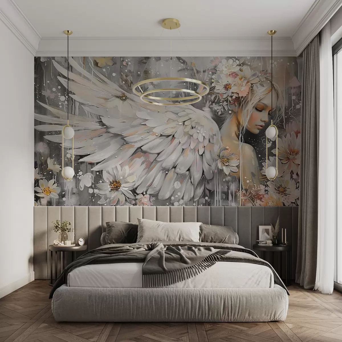 wall murals Анђеоска девојка на сивој позадини обојеној уљем w00761