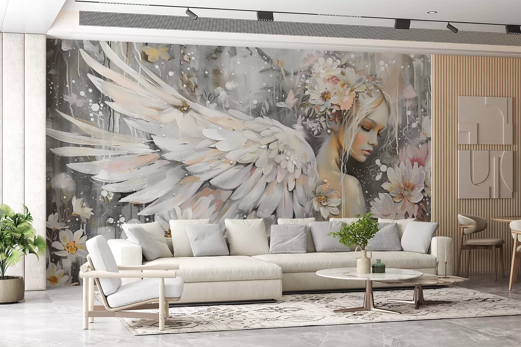 wall murals Анђеоска девојка на сивој позадини обојеној уљем w00761