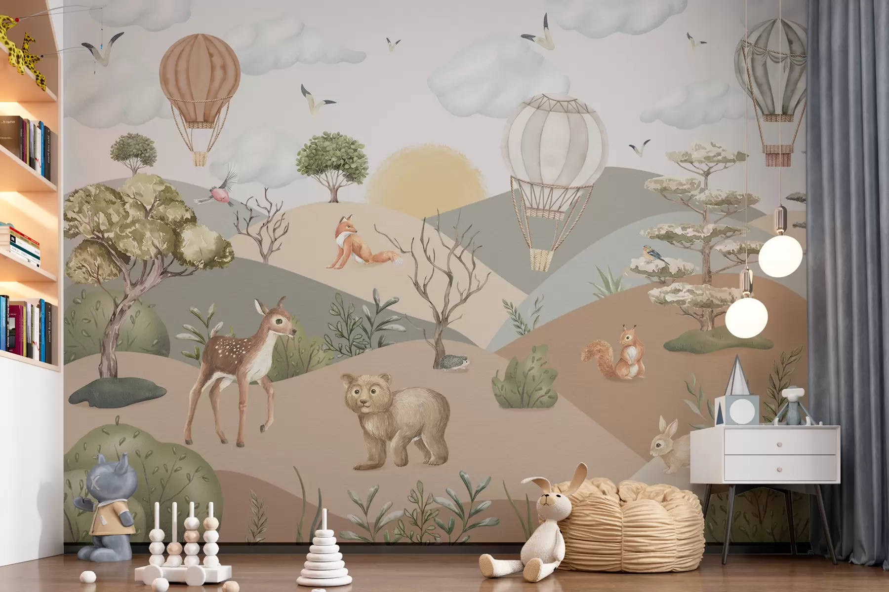 wall murals Шумски пропланак са слатким животињама и балонима w00636