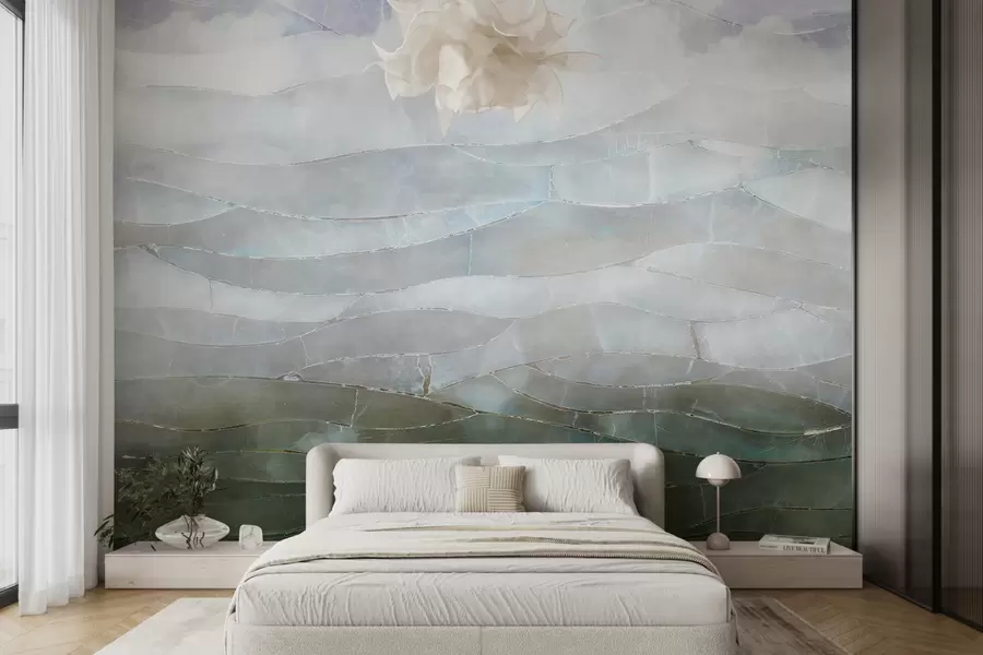 wall murals Текстурирани магловити, брдовити апстрактни градијентни пејзаж са валовитим зеленим пољима кроз маглу w00795