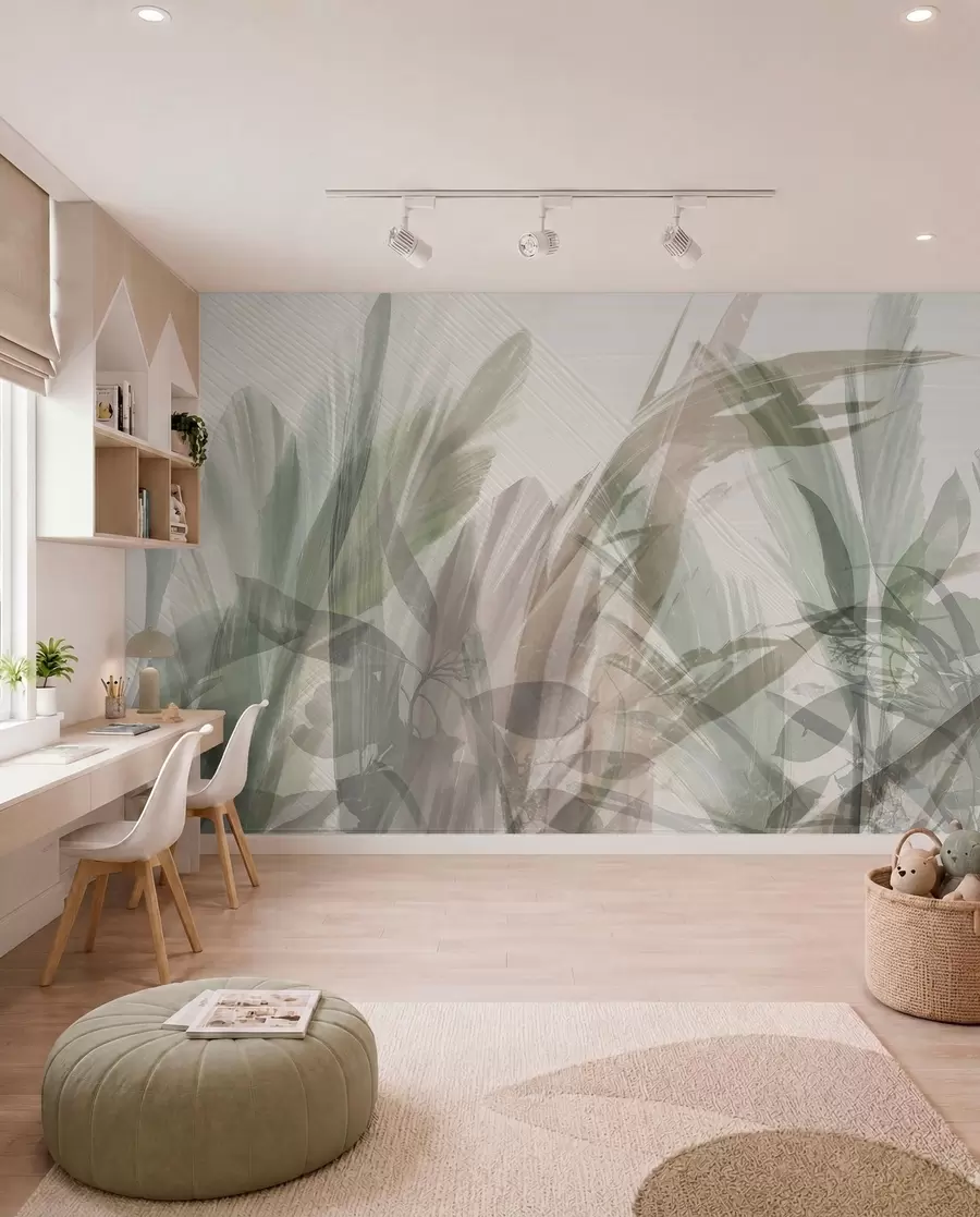 wall murals Апстрактна вишекомпозиција замућених облика тропског лишћа налик трави у нијансама светло зелене и сиве w00798