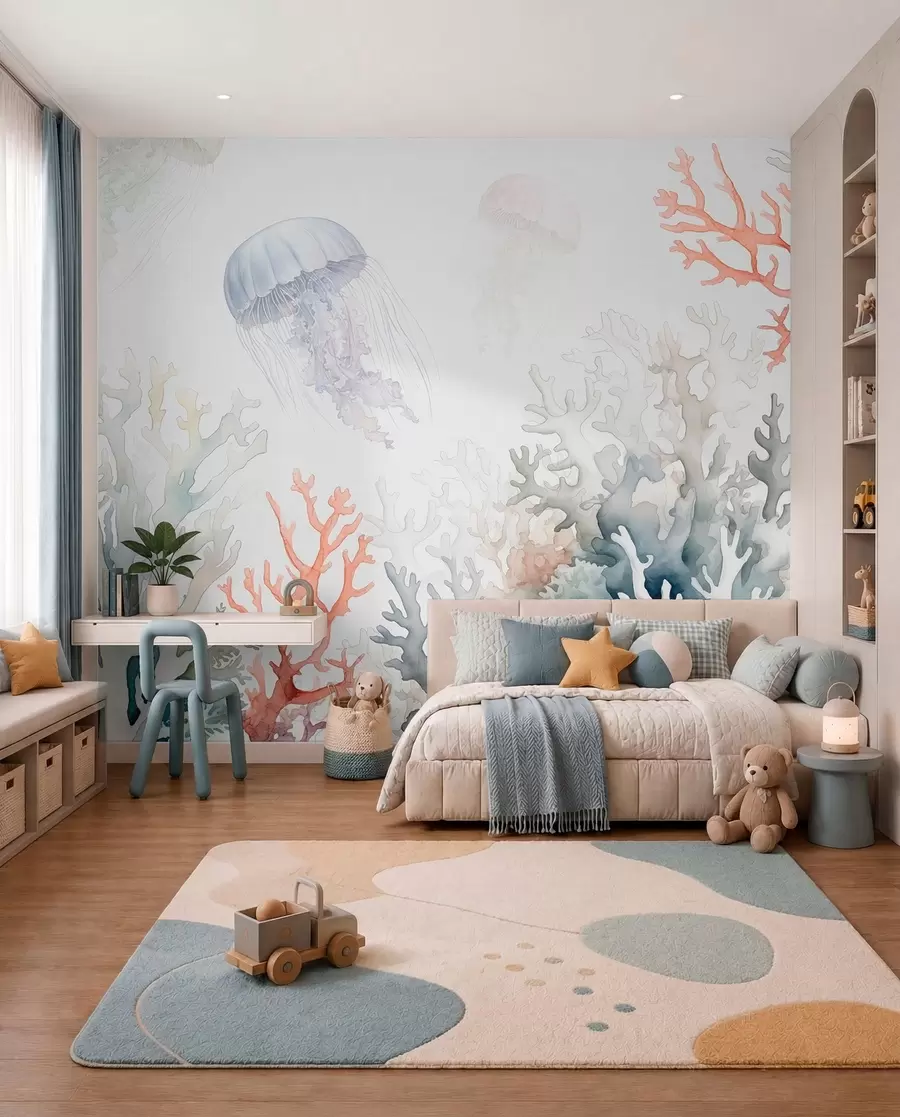 wall murals Морски корали, медузе пливају, акварел, сива, плава, црвена w00819