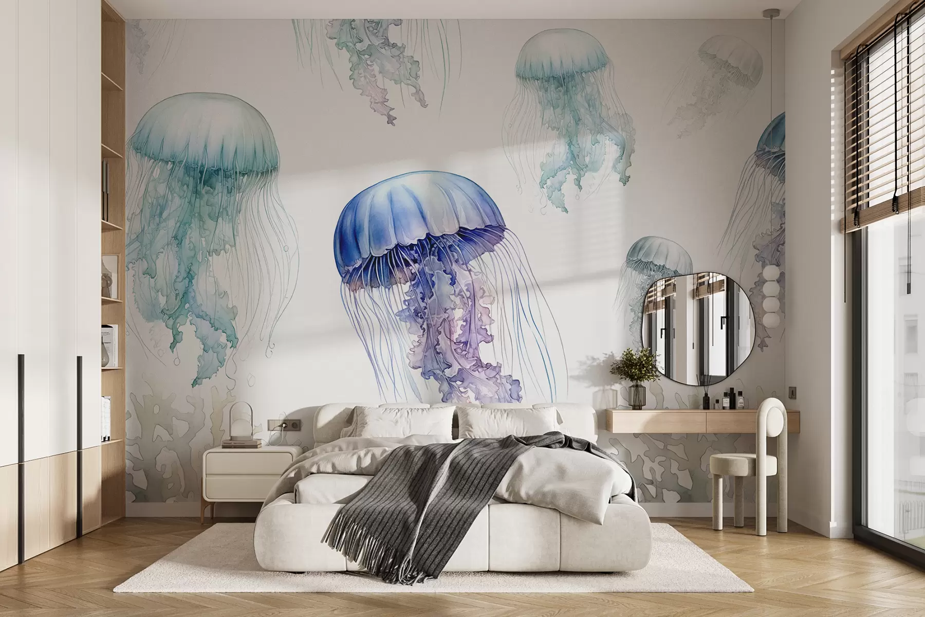 wall murals Морска медуза, акварел, сива, плава, црвена w00820