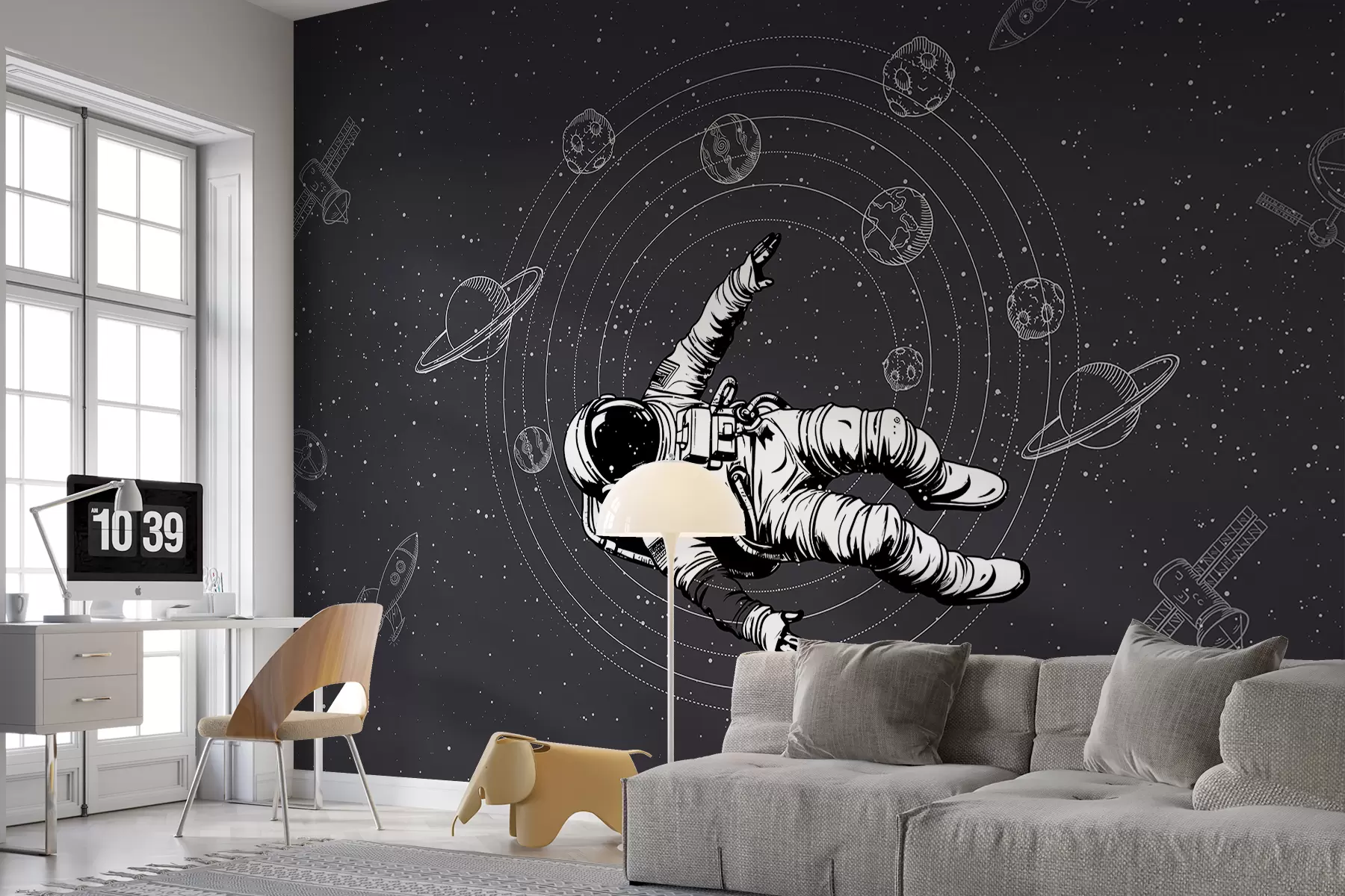 wall murals Астронаут и планете на тамно сивој позадини w00712v5
