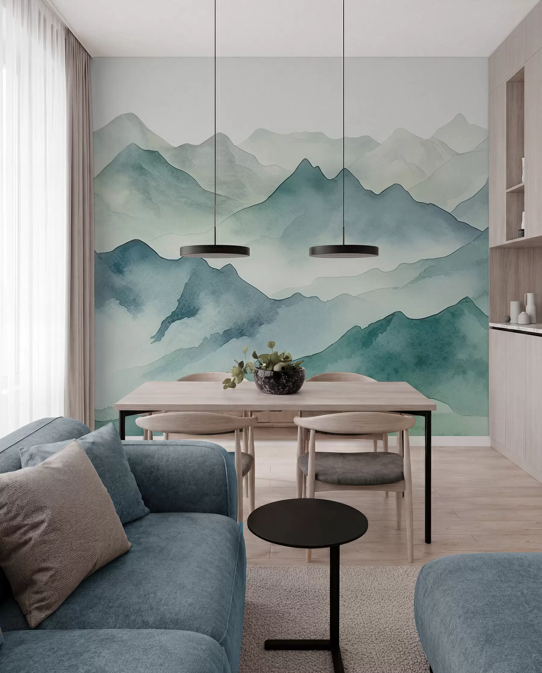 wall murals Планински врхови и превоји, акварел, пејзаж, пејзаж, плава, сива боја w00841