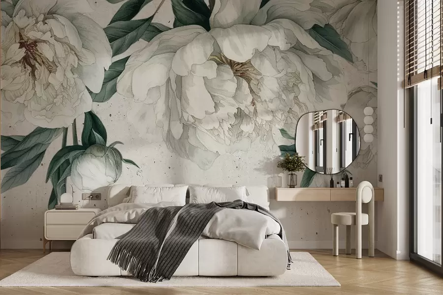 wall murals Бели велики божури са зеленим листовима на светлој текстурној позадини w00837