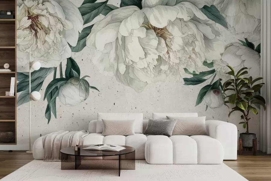 wall murals Бели велики божури са зеленим листовима на светлој текстурној позадини w00837