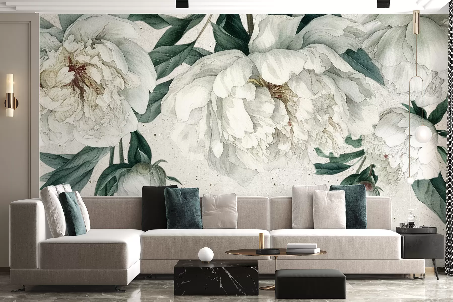 wall murals Бели велики божури са зеленим листовима на светлој текстурној позадини w00837