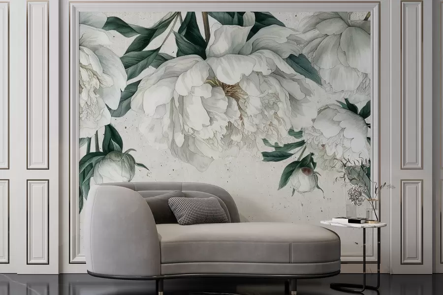 wall murals Бели велики божури са зеленим листовима на светлој текстурној позадини w00837