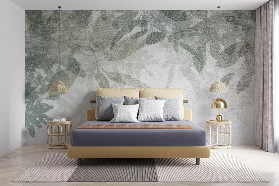 wall murals Меки, замућени листови у нијансама зелене и сиве на светлој позадини за цртање текстуре w00854