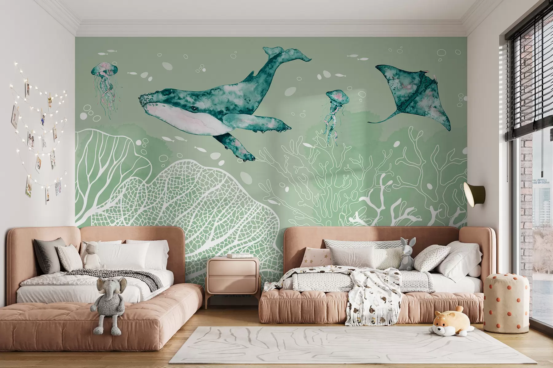 wall murals Кит у мору, акварел, корали, медузе, морски живот, зелене боје w00848v3
