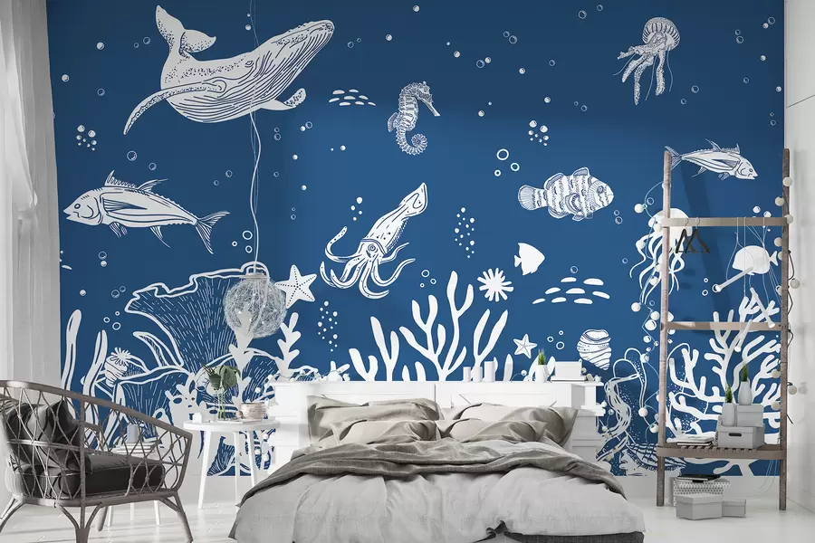 wall murals Морски живот, риба, кит, хоботница, медузе, корали, морски живот, тамно плава боја w00850v4
