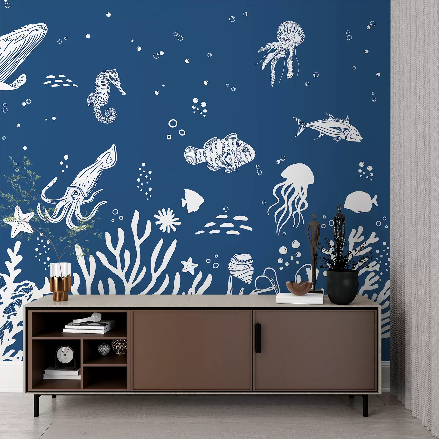 wall murals Морски живот, риба, кит, хоботница, медузе, корали, морски живот, тамно плава боја w00850v4