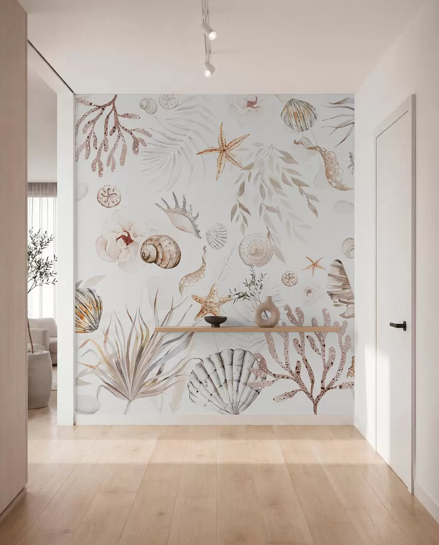 wall murals Акварел морски узорак, бохо стил, шкољке, корали, памук, беж боје w00851