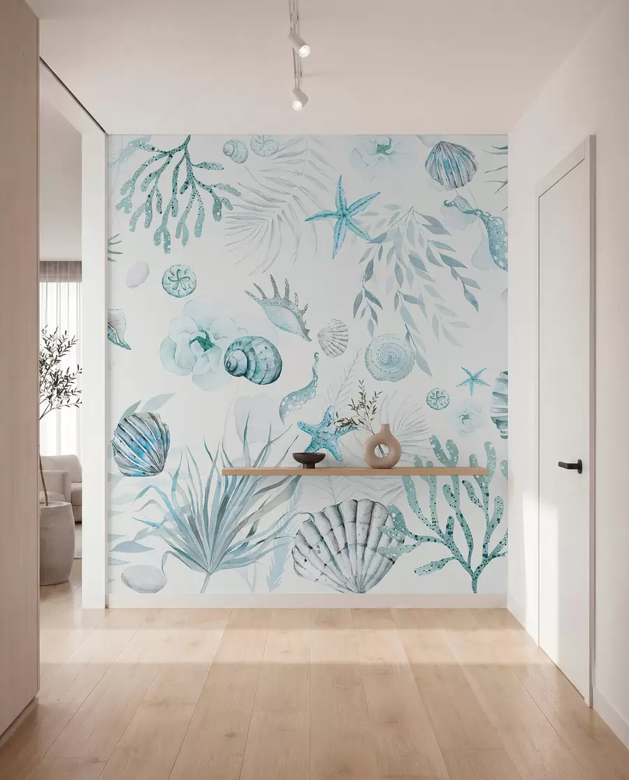wall murals Акварел морски узорак, бохо стил, шкољке, корали, памук, плаве боје w00851v1