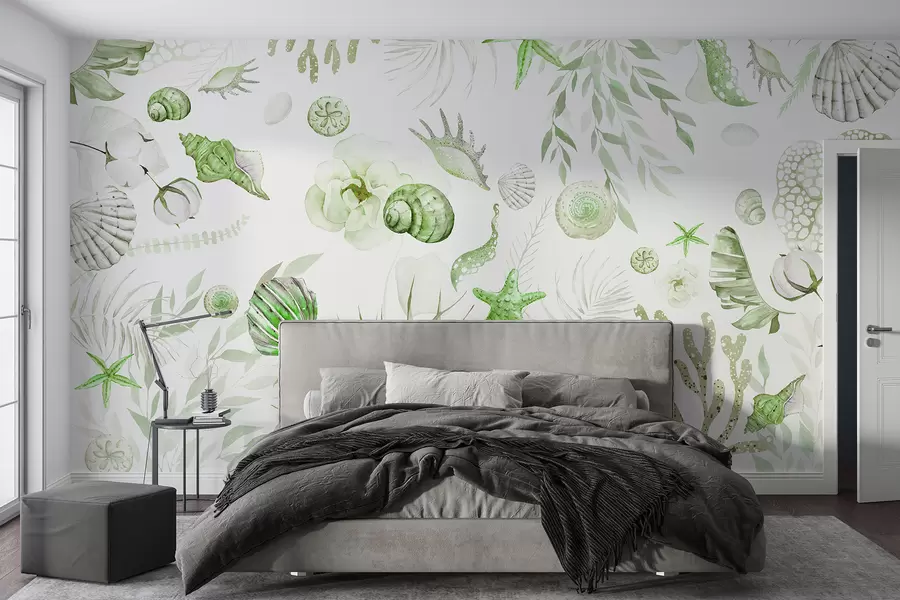wall murals Акварел морски узорак, бохо стил, шкољке, корали, памук, зелене боје w00851v2