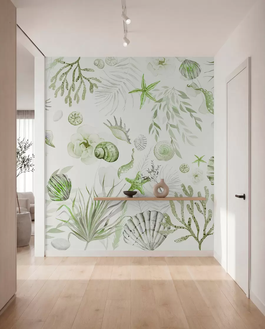 wall murals Акварел морски узорак, бохо стил, шкољке, корали, памук, зелене боје w00851v2