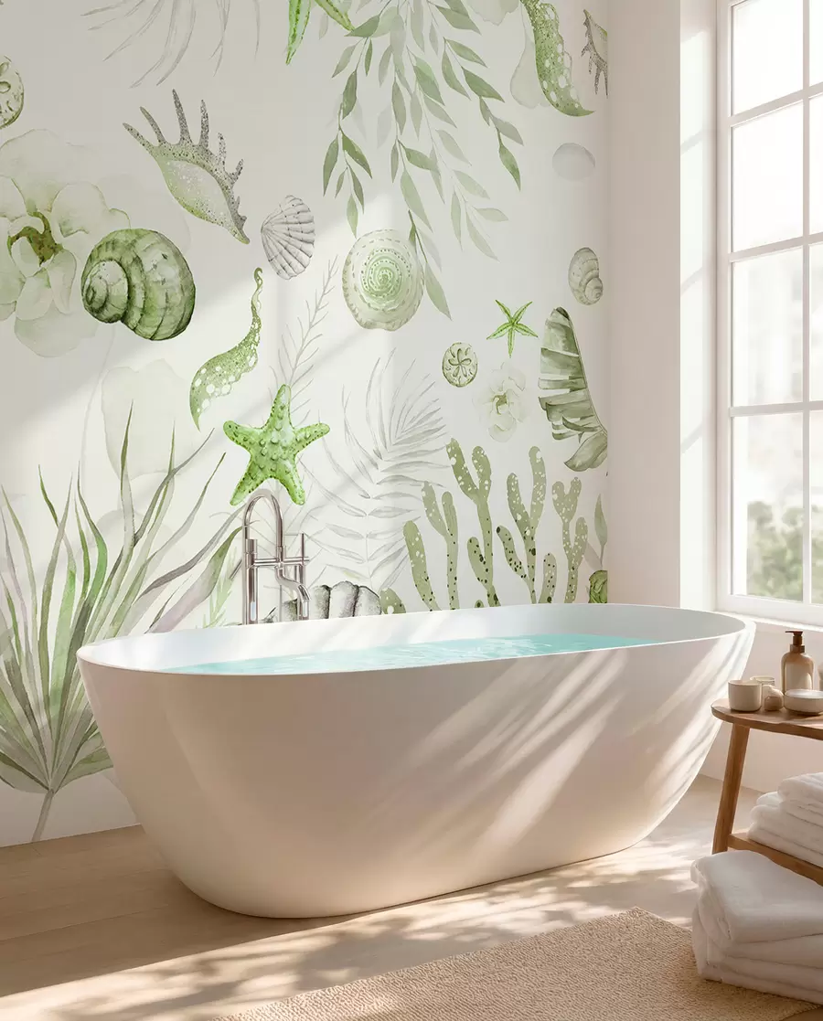 wall murals Акварел морски узорак, бохо стил, шкољке, корали, памук, зелене боје w00851v2