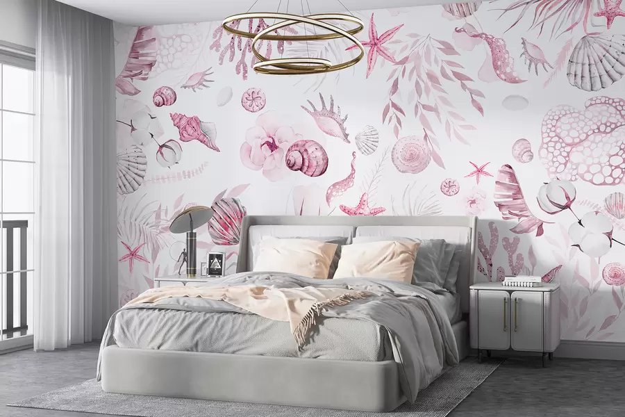 wall murals Акварел морски узорак, бохо стил, шкољке, корали, памук, розе боје w00851v3