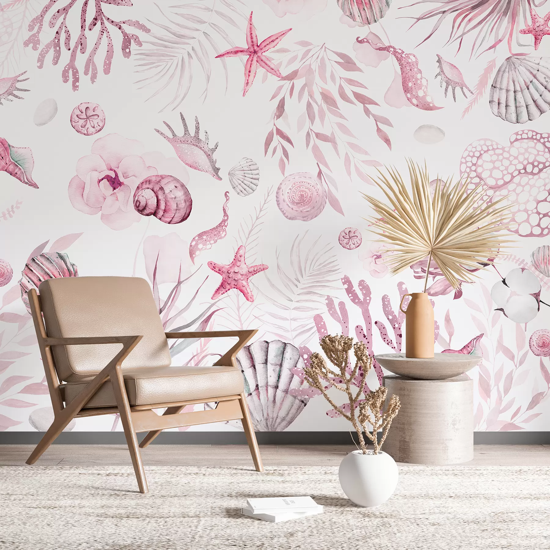 wall murals Акварел морски узорак, бохо стил, шкољке, корали, памук, розе боје w00851v3