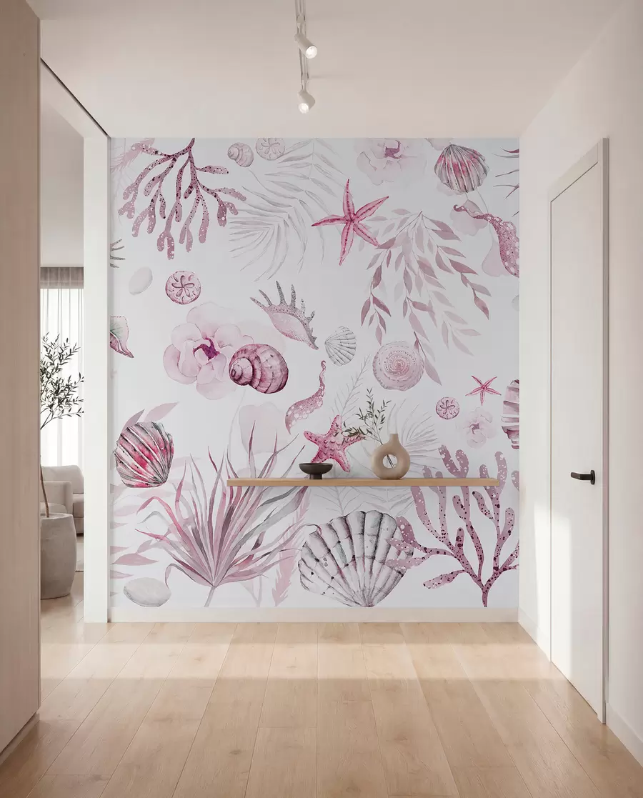 wall murals Акварел морски узорак, бохо стил, шкољке, корали, памук, розе боје w00851v3