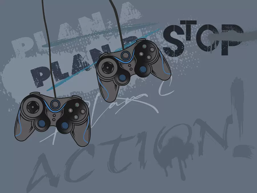 wall murals Дечије тапете за тинејџере са џојстицима и графичким натписима у плавој боји w00829