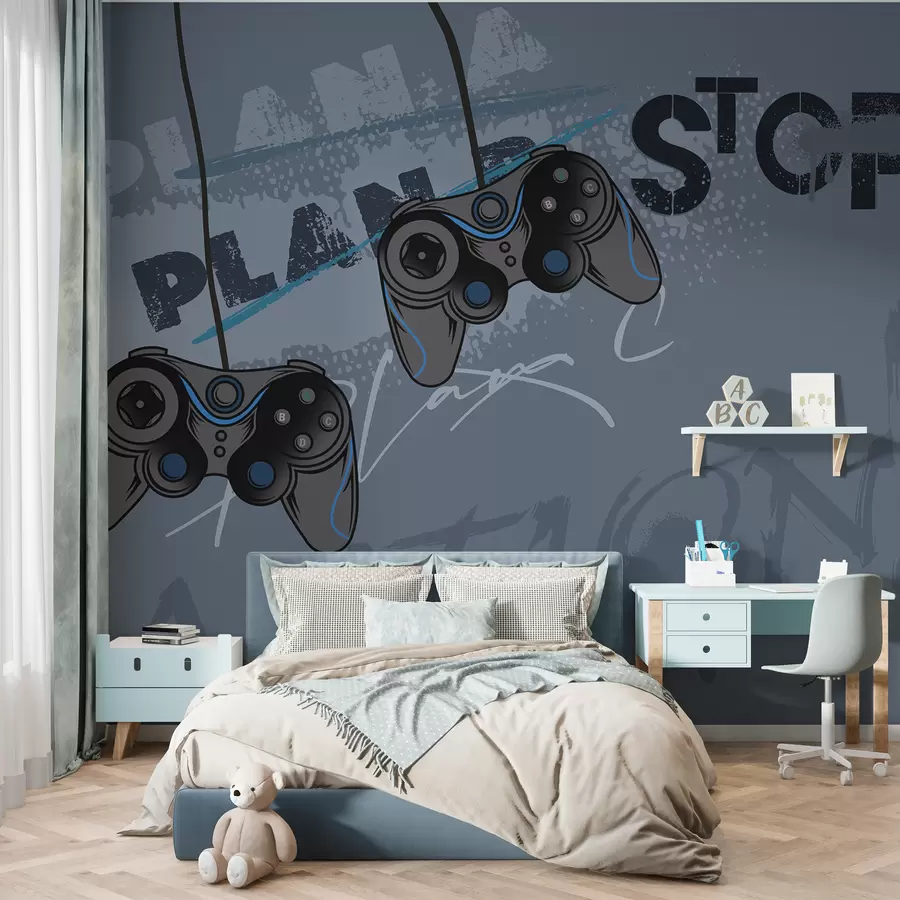 wall murals Дечије тапете за тинејџере са џојстицима и графичким натписима у плавој боји w00829
