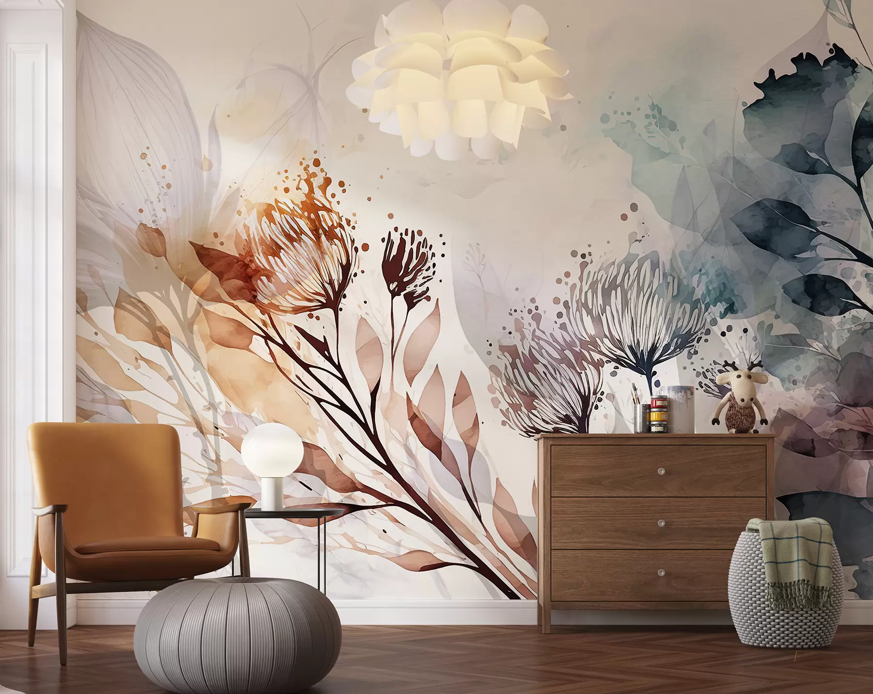 wall murals Деликатни цветни апстрактни, стилизовани елементи цвећа и биљних форми у пригушеним, земљаним тоновима акварел уметности w00898