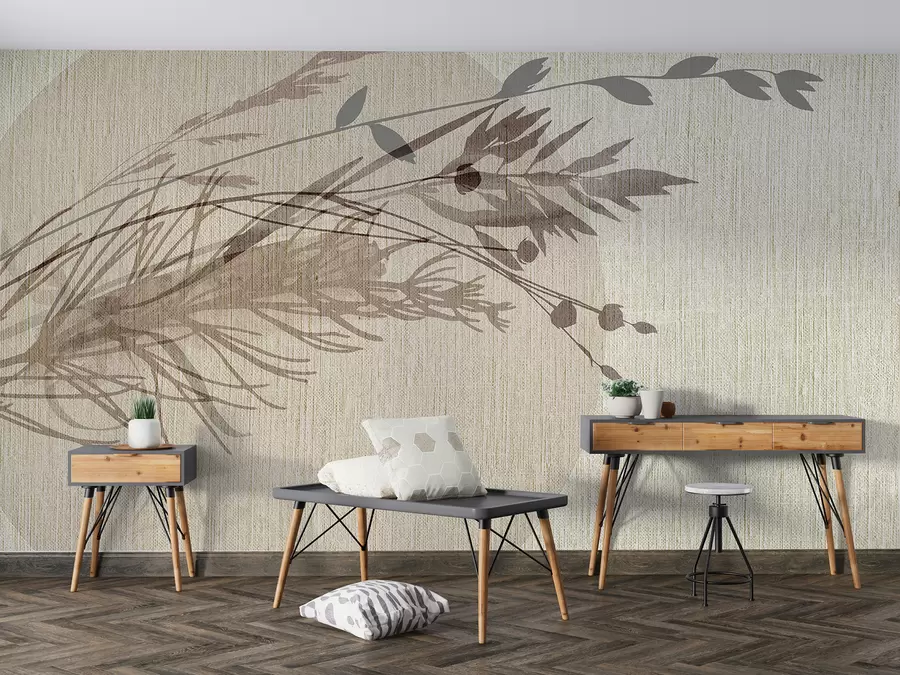 wall murals Минималистичка илустрација кружног облика са апстрактним биљним елементима у пригушеним земљаним тоновима w00902
