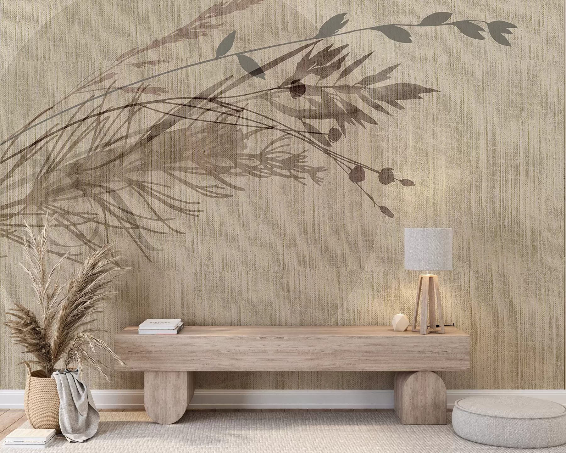 wall murals Минималистичка илустрација кружног облика са апстрактним биљним елементима у пригушеним земљаним тоновима w00902
