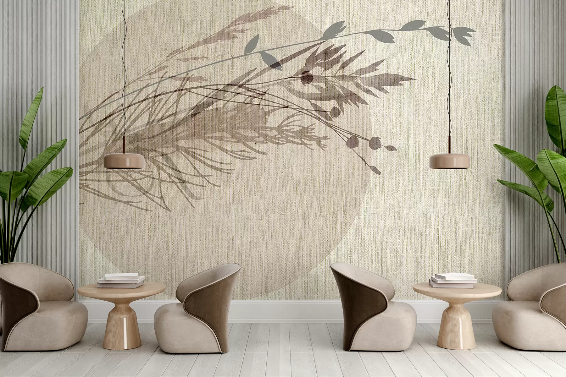 wall murals Минималистичка илустрација кружног облика са апстрактним биљним елементима у пригушеним земљаним тоновима w00902