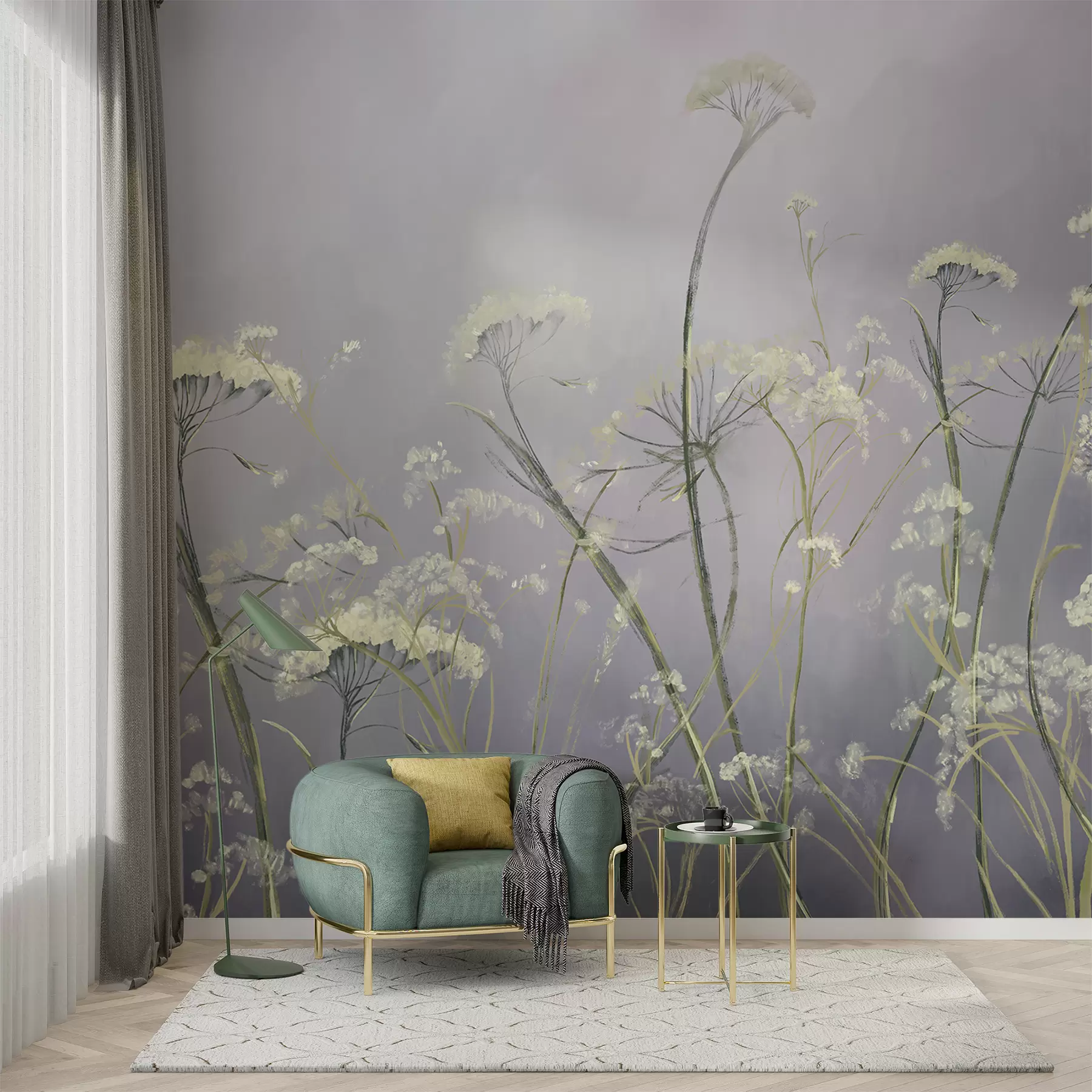 wall murals Бело дивље цвеће у магловитом пољу са меком, замућеном сивом позадином w00903