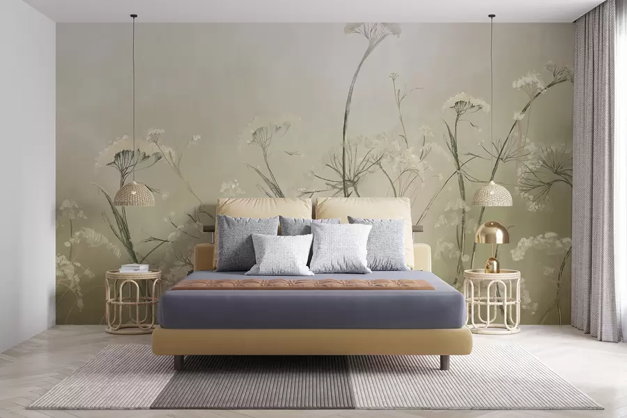 wall murals Бело дивље цвеће у магловитом пољу са меком, замућеном позадином од сепије w00903v1