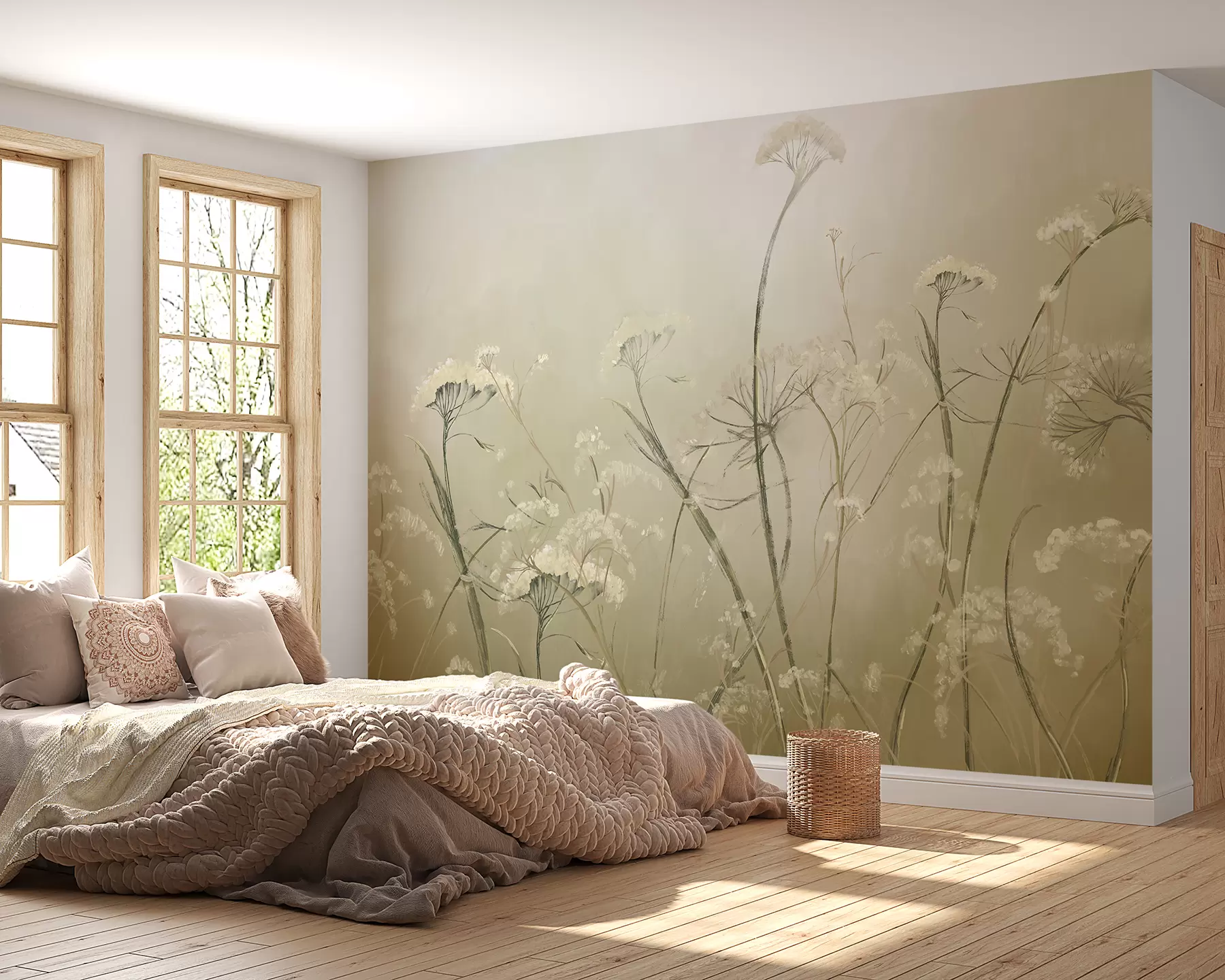 wall murals Бело дивље цвеће у магловитом пољу са меком, замућеном позадином од сепије w00903v1