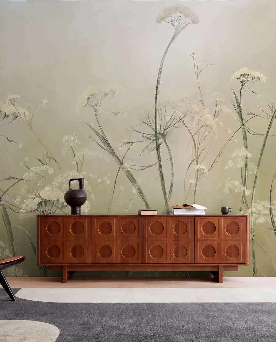 wall murals Бело дивље цвеће у магловитом пољу са меком, замућеном позадином од сепије w00903v1