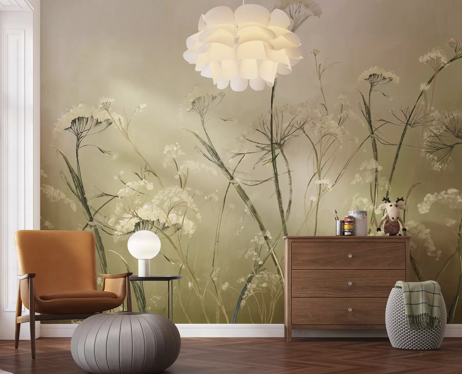 wall murals Бело дивље цвеће у магловитом пољу са меком, замућеном позадином од сепије w00903v1