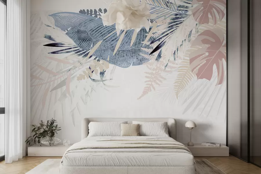 wall murals Модеран ботанички дизајн тропски текстурирани узорак палминог листа са разним нијансама плаве, сиве и розе w00908