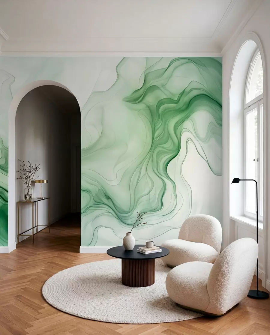 wall murals Зелени апстрактни таласи на светлој позадини w01185