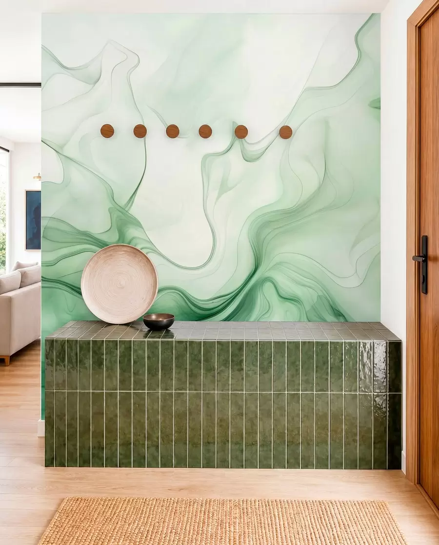 wall murals Зелени апстрактни таласи на светлој позадини w01185