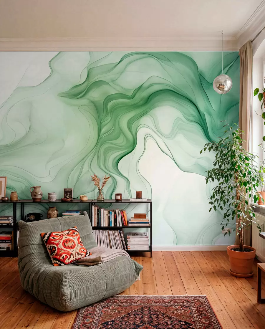 wall murals Панорамски зелени апстрактни таласи на светлој позадини w01185d1