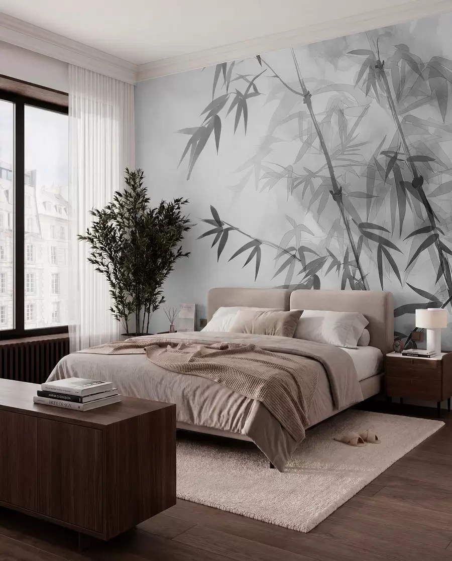 wall murals Bambus u sivom akvarelu w00687v1