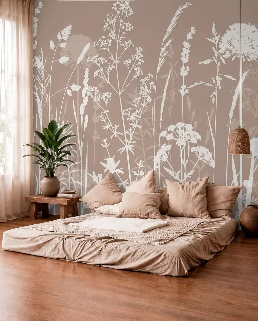 wall murals Siluete cvijeća na taupe boji w01270v3
