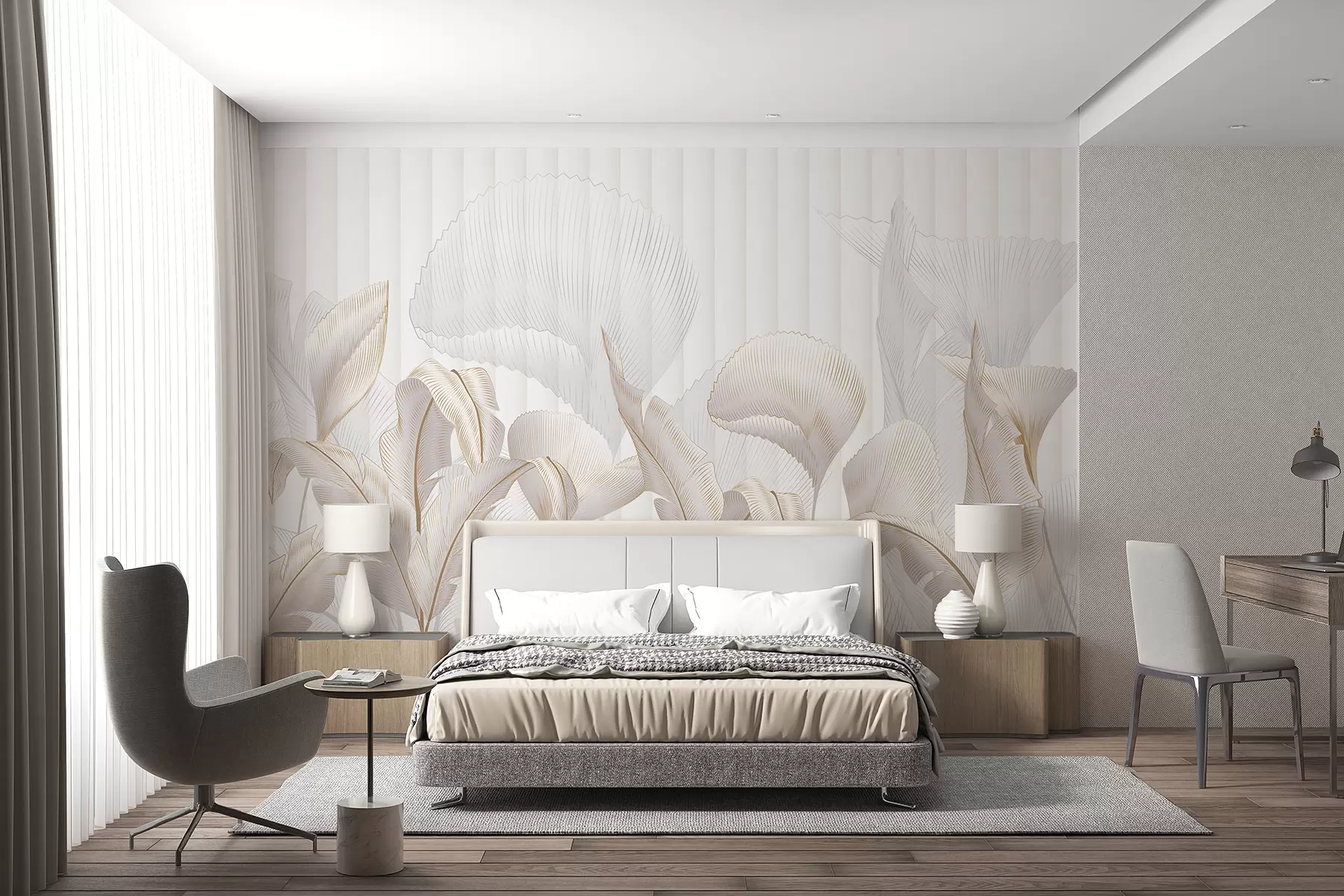 wall murals Поглед изблиза на тропско лишће на белој позадини, са текстурираном позадином w01237